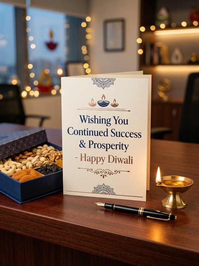 Diwali wishes prompt for chatgpt - corporate office desk card with dry fruits and pen