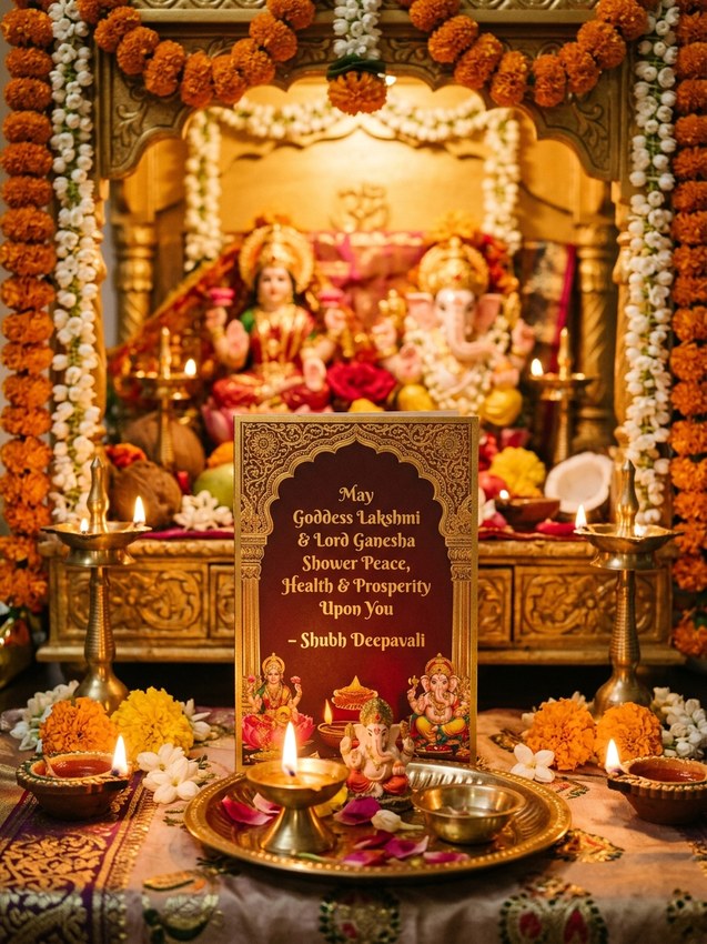Diwali wishes chatgpt - divine lakshmi ganesha temple altar greeting card