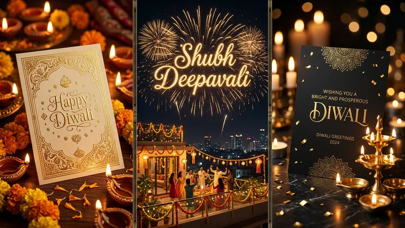 Diwali wishes prompt for chatgpt - 3-frame greeting card, fireworks and corporate message banner