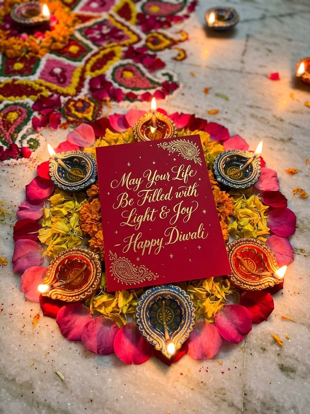 Diwali wishes prompt for chat gpt - vibrant crimson floral rangoli card with glowing clay diyas