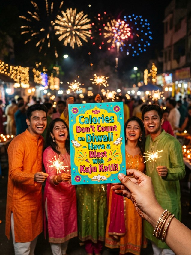ChatGPT diwali message - witty friends laughing with sparklers and kaju katli card