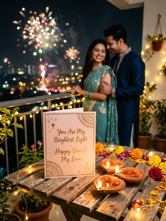 Happy diwali wishes prompt for chatgpt - romantic couple candlelit balcony fireworks card