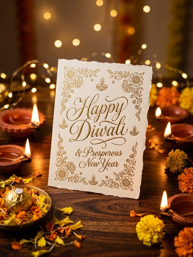 Diwali wishes prompt for chatgpt - royal ivory greeting card with embossed gold foil calligraphy
