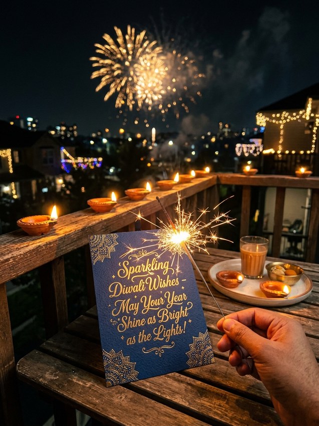 Happy diwali wishes prompt for chatgpt - sparkling balcony fireworks greeting card