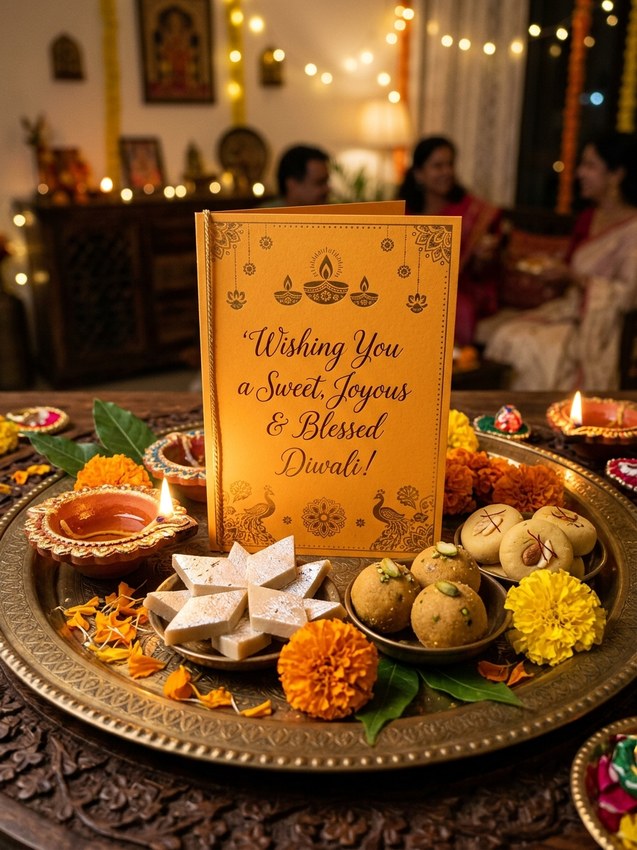 Diwali wishes quotes chatgpt - traditional sweets mithai thali diwali greeting card