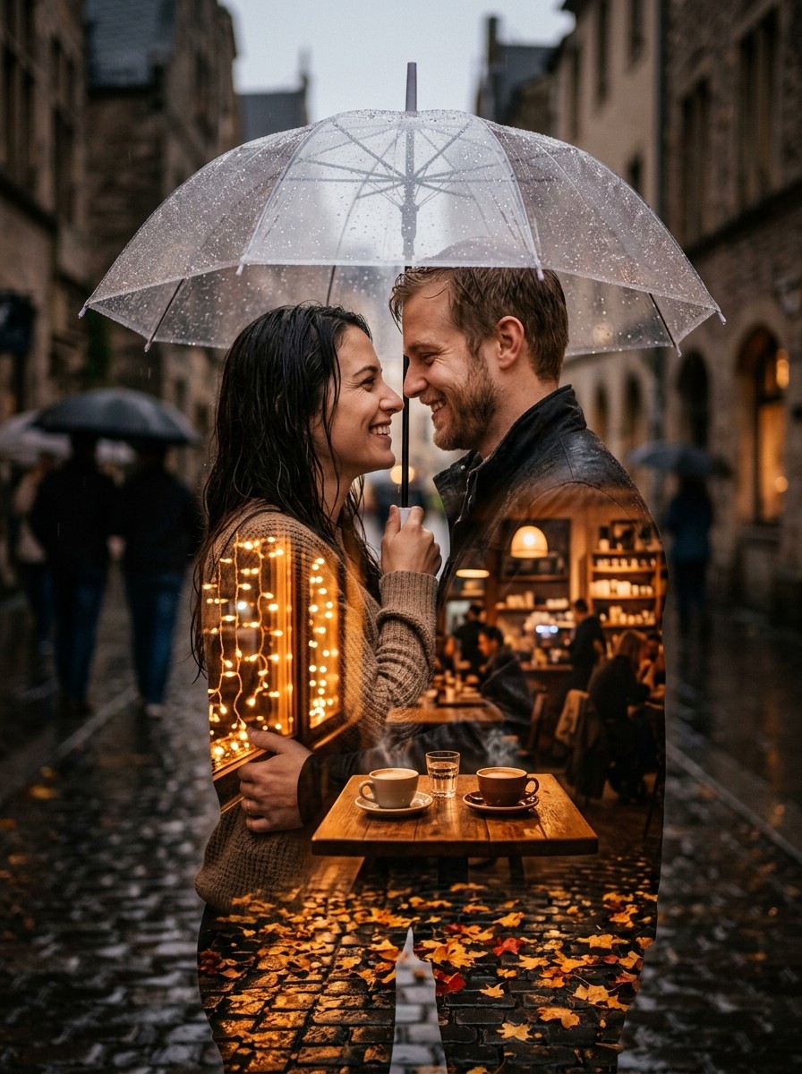 Couple romantic prompt for gemini ai - Smiling couple under umbrella with cozy coffee shop double exposure