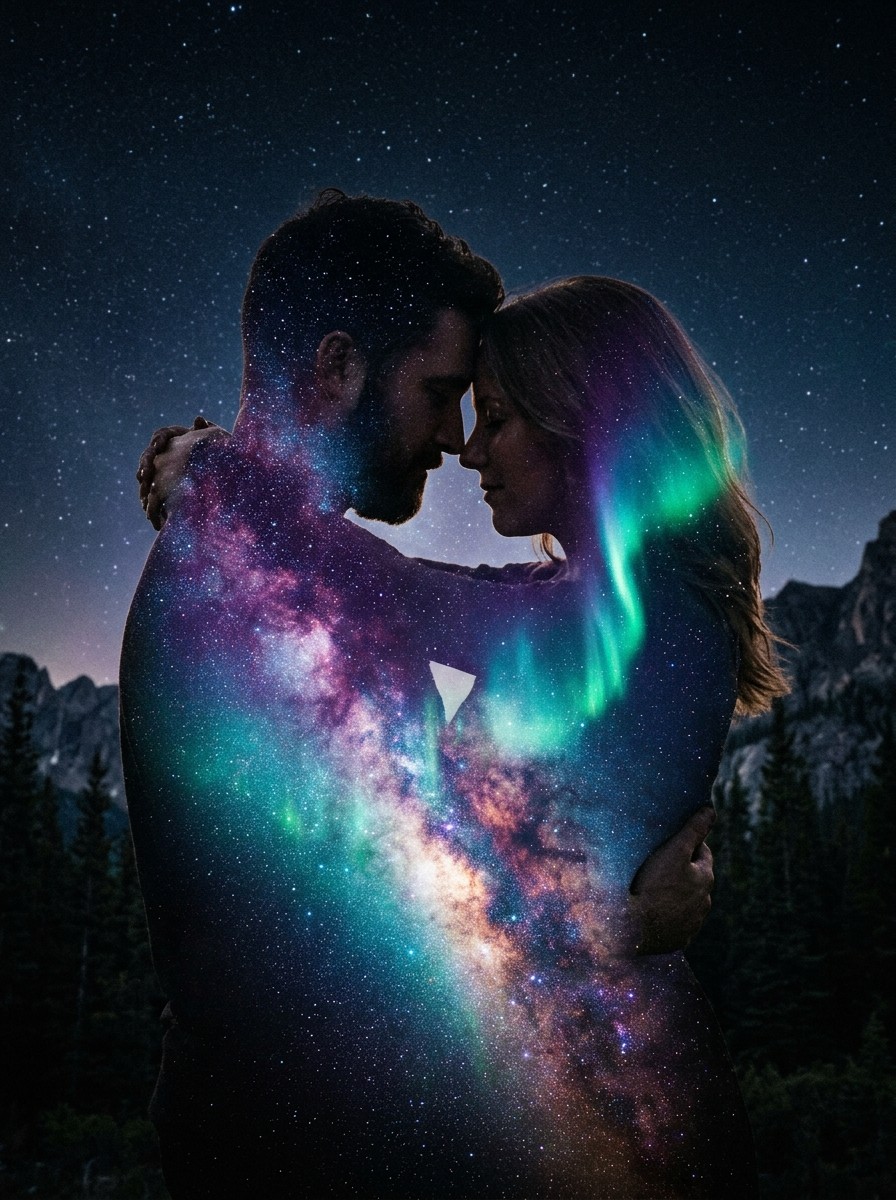 Couple double exposure prompt gemini - Romantic couple silhouette filled with cosmic Milky Way and aurora borealis