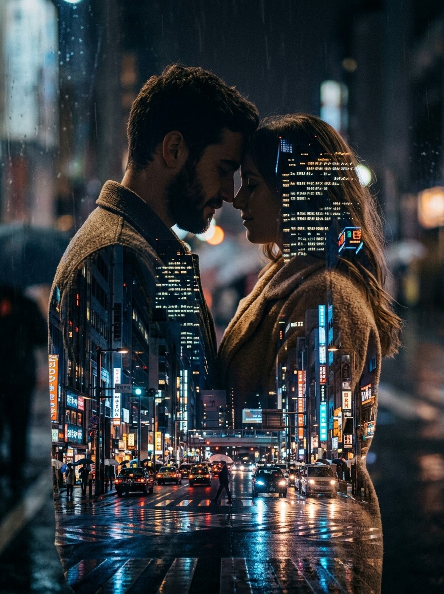 Double exposure couple photo prompt - Romantic couple facing each other with rainy city skyline at night