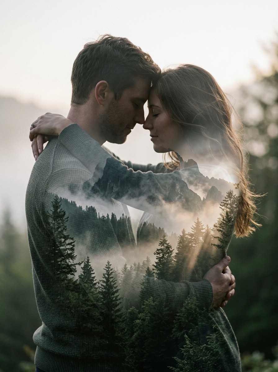 Romantic couple ai prompts - Intimate couple holding each other with misty alpine pine forest double exposure