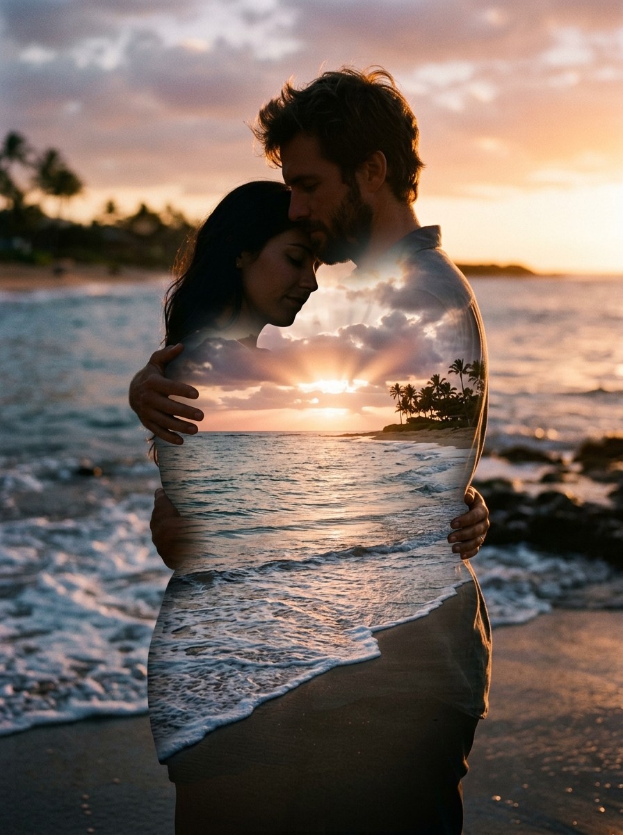 Cinematic double exposure couple prompts for gemini - Romantic couple sunset beach ocean waves