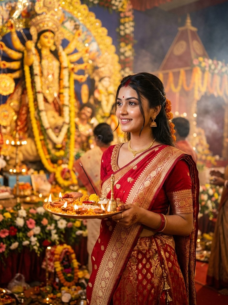 Navratri prompt for Gemini girl devi Durga Puja blessing with brass aarti thali