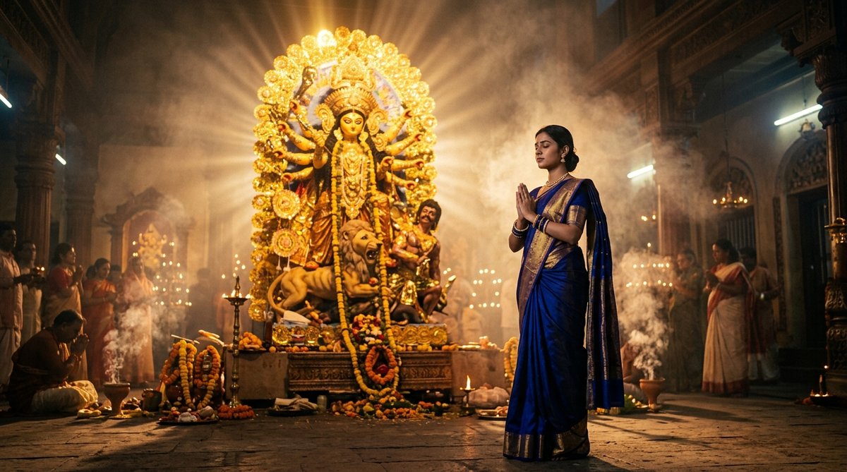 Prompt seen navratri girl meditating in front of backlit divine golden durga idol