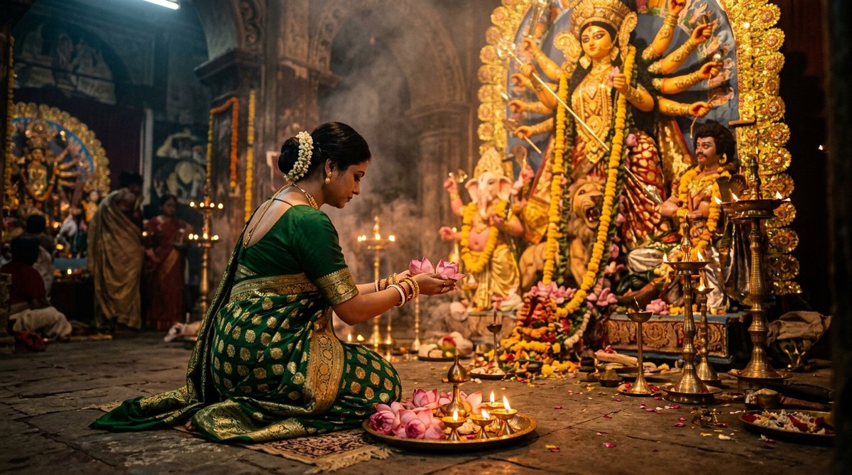 Durga maa prompt girl offering 108 pink lotus flowers at the feet of divine idol