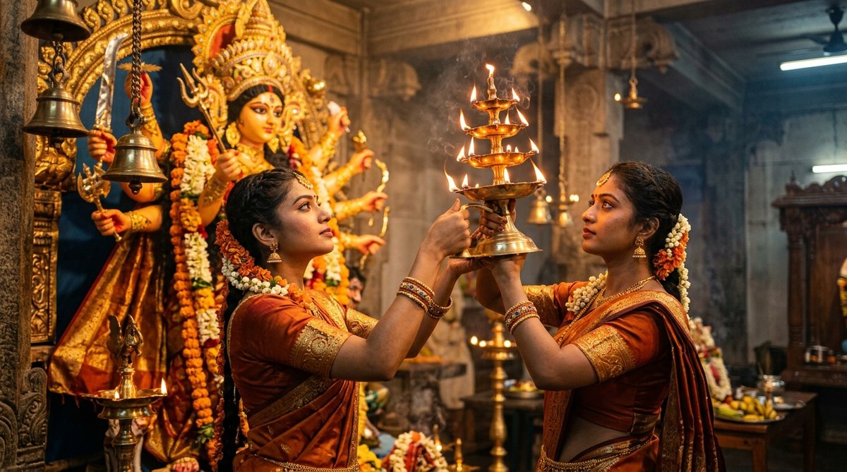 Durga maa ai prompt girl lifting brass aarti lamp towards glowing divine face of Maa Durga