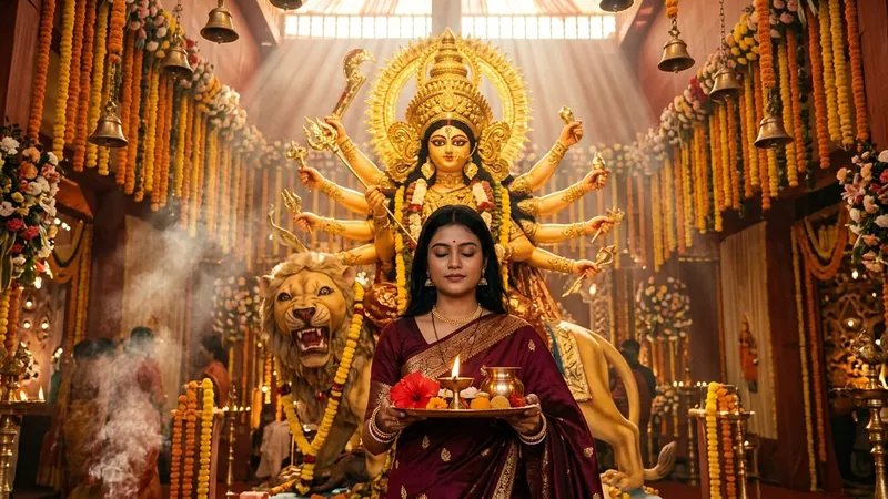 Durga Maa prompt for gemini girl banner with glowing puja thali and grand ten-armed golden idol