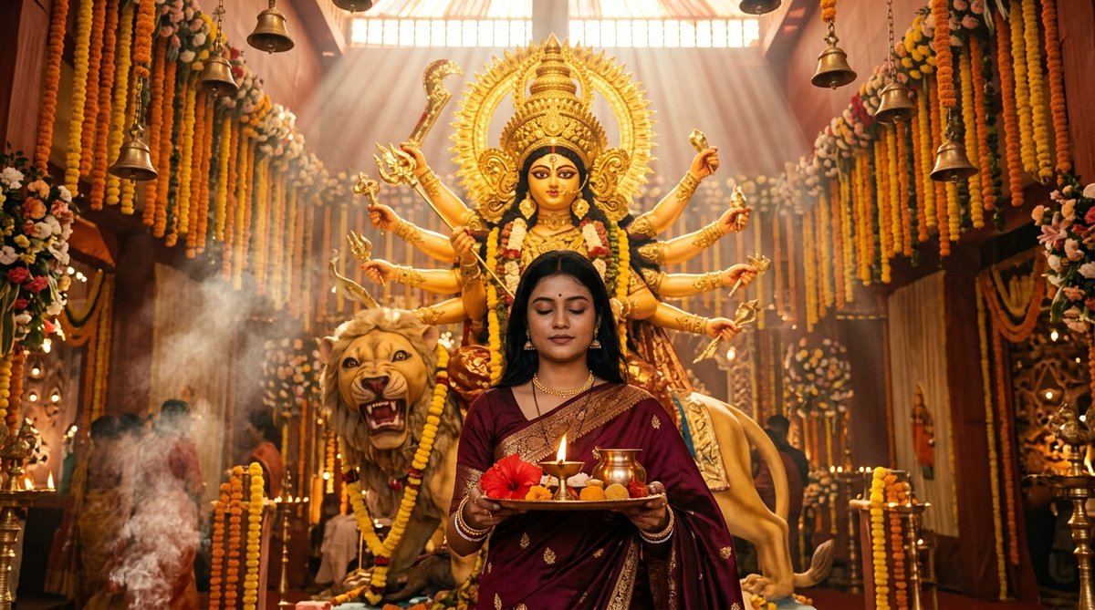 Durga maa prompt for gemini girl holding puja thali before grand ten armed golden idol
