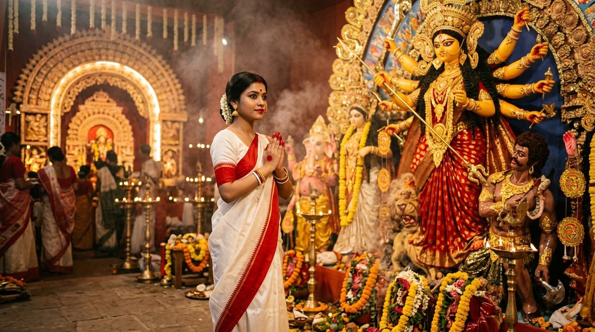 Durga maa prompt girl folded hands pranam in Bengali Lal-Paar saree before idol