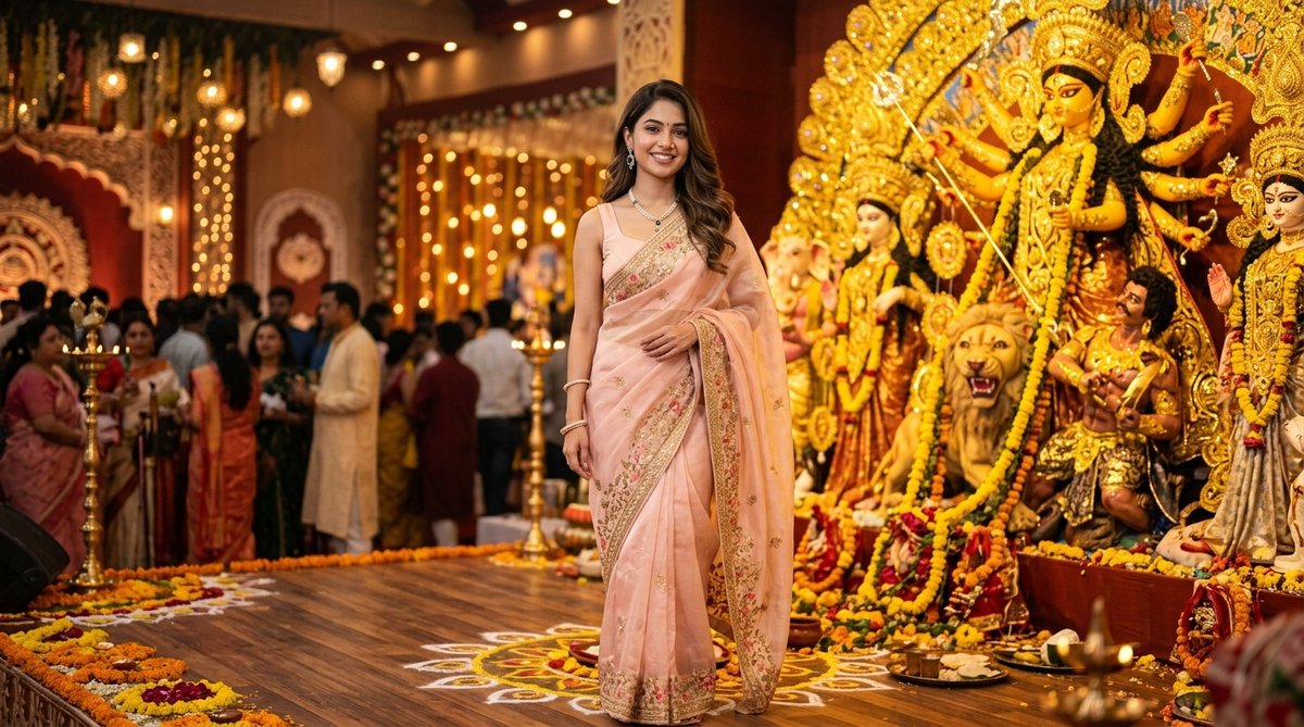 Durga puja ai prompt girl instagram pastel organza saree posing before grand designer idol