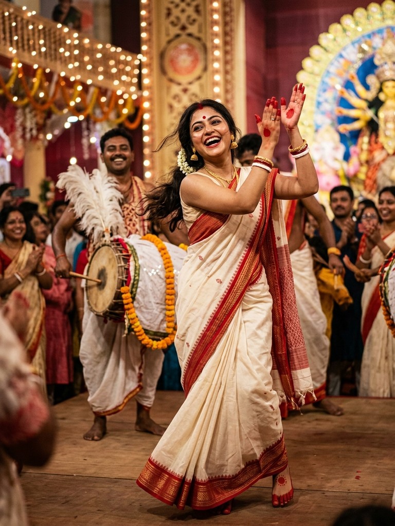Durga puja ai photo editing prompt 2026 - Dancing to traditional Dhak drum beats candid