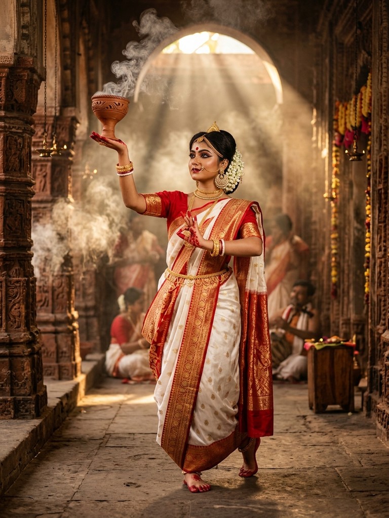 Durga puja dhunuchi dance prompt - Classical temple mudra pose with smoking earthen dhunachi