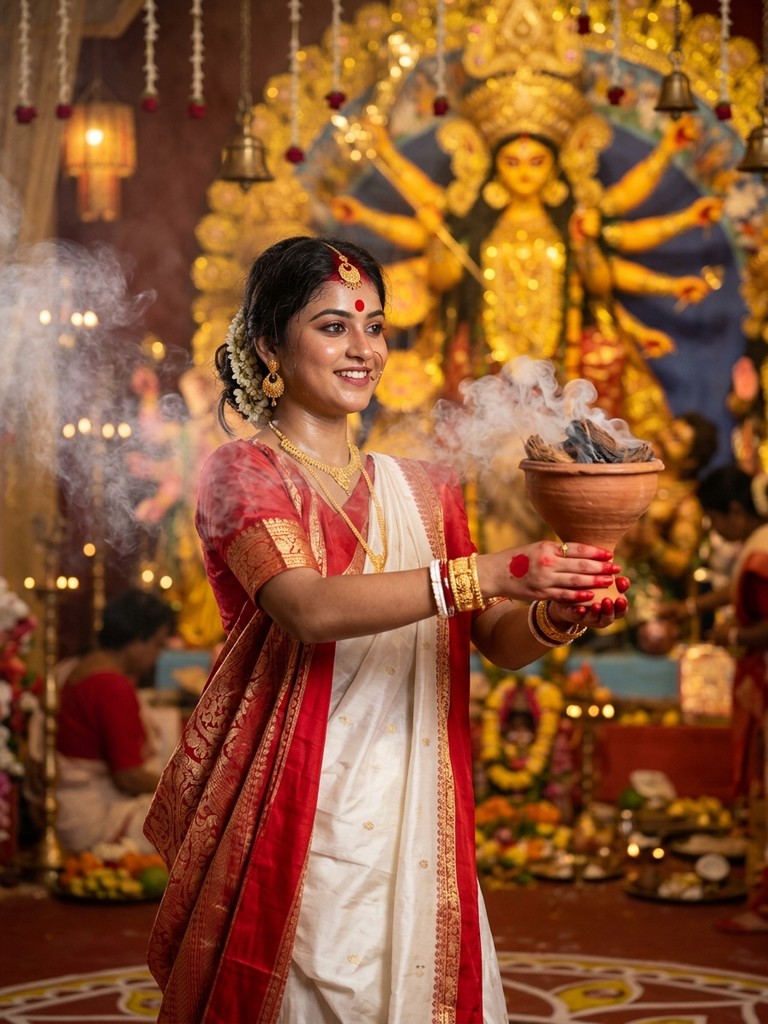 Durga puja dhunuchi dance prompt - Bengali girl in Lal Paar saree holding smoking clay dhunachi