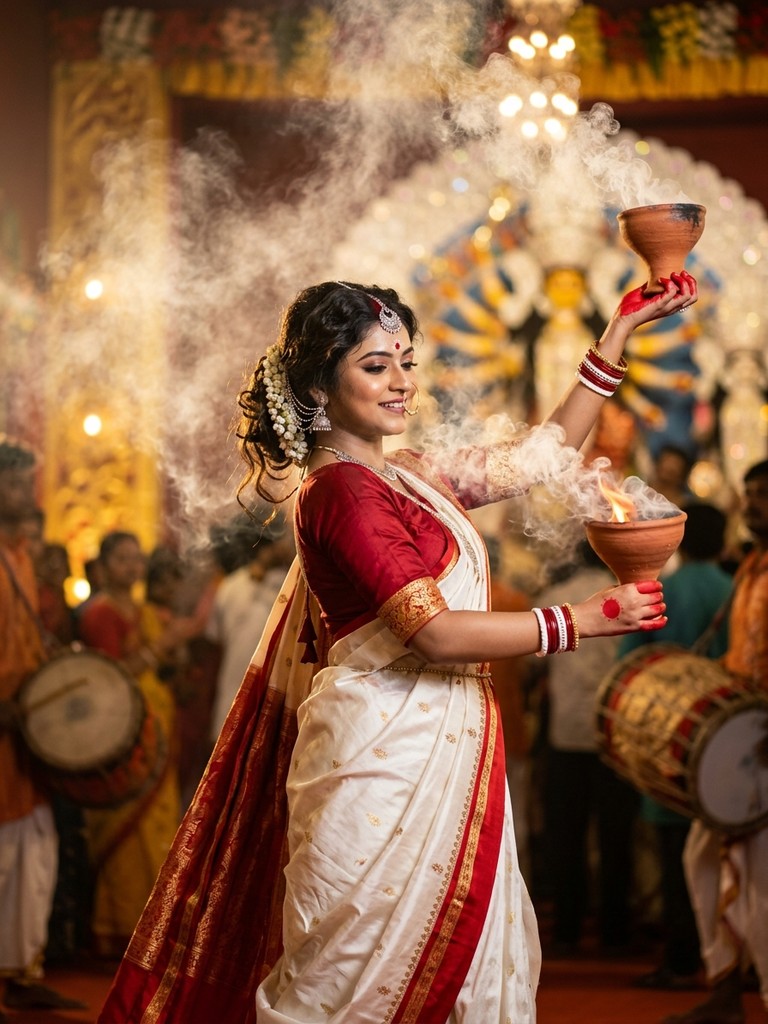 Durga puja dhunuchi dance prompt - Two-handed clay dhunachi trance dance Sandhi Puja