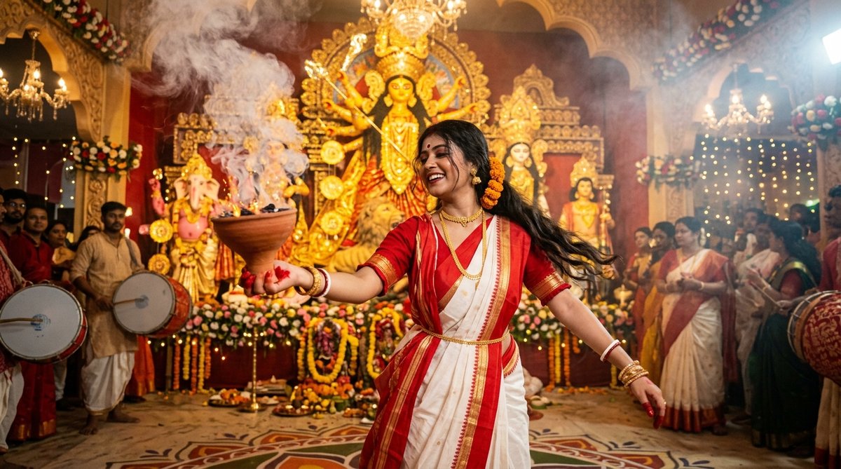 Prompt seen durga puja girl ai photo performing dhunuchi naach dance in front of maa durga idol