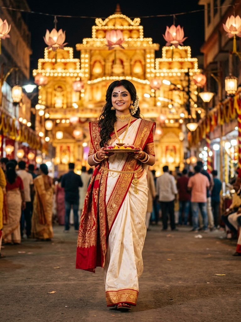 Bengali lal paar saree gemini prompt - Grand Kolkata pandal night walk with royal red pallu