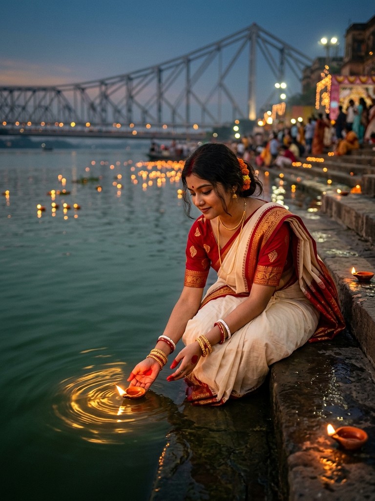 Durga puja ai photo editing prompt - Kolkata Ganga ghat evening floating clay diya portrait