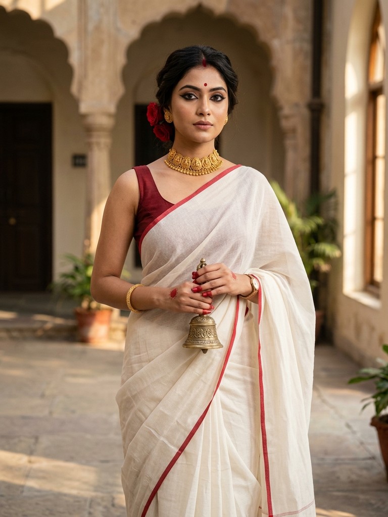 Bengali lal paar saree gemini prompt - Modern minimalist handloom Lal Paar saree editorial