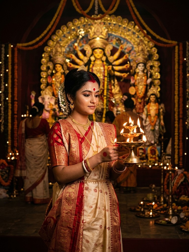 Bengali lal paar saree gemini prompt - Devotional Sandhya Aarti with glowing brass pradip lamp