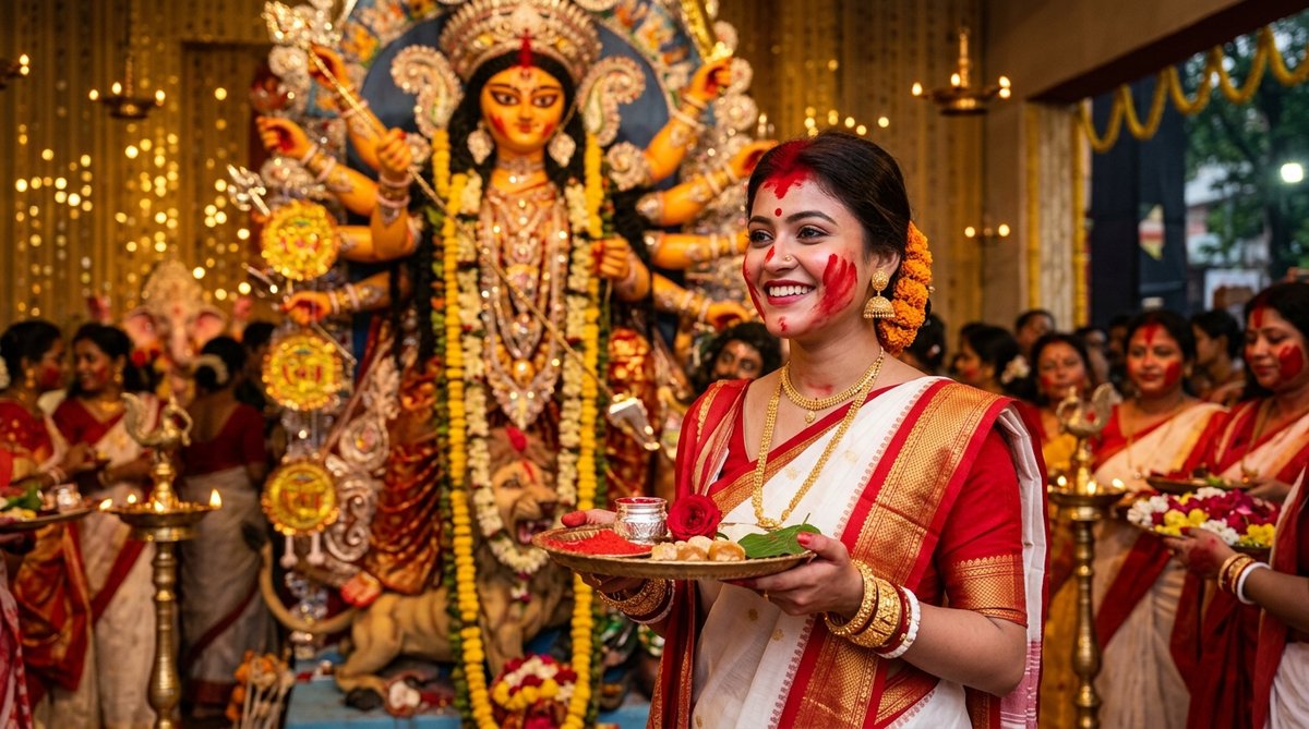Prompt seen durga maa photo editing sindoor khela celebration with vermilion at feet of idol