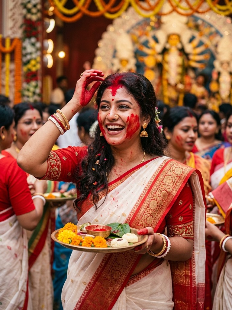 Sindoor khela prompt for girl - Authentic Bijoya Dashami vermilion ritual Bengali saree look