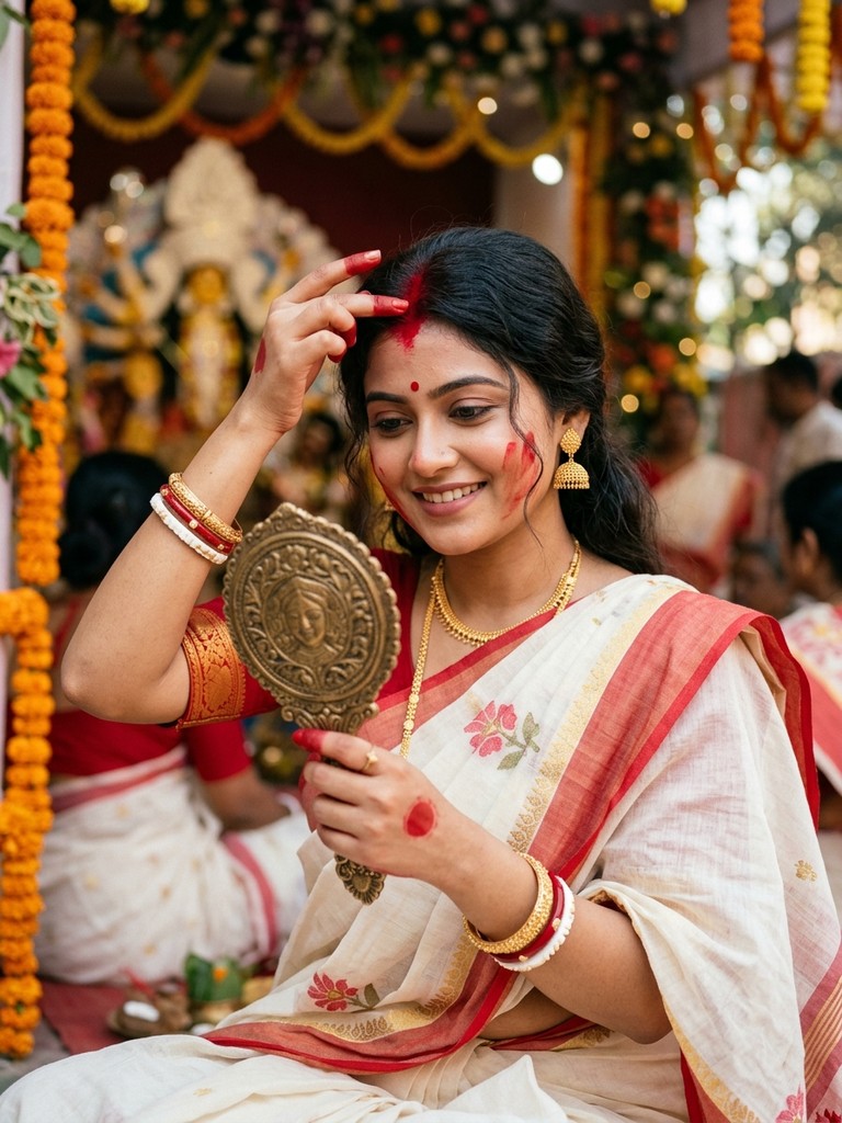 Sindoor khela prompt for girl - Antique hand mirror reflection applying sacred vermilion