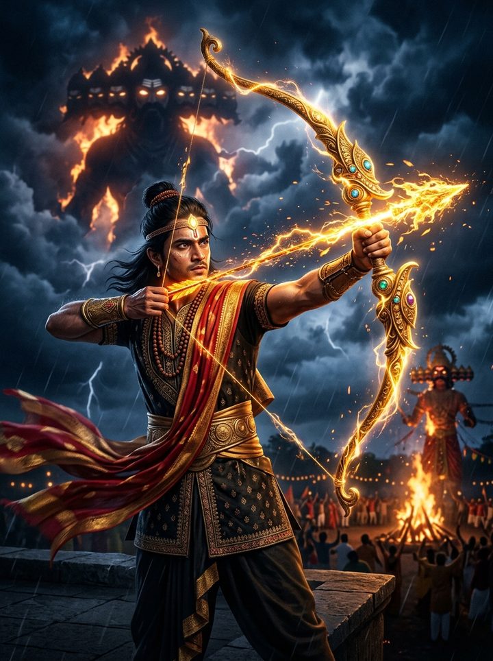 Fiery Celestial Arrow Ravan Dahan Dussehra Photo Editing Prompt for Gemini