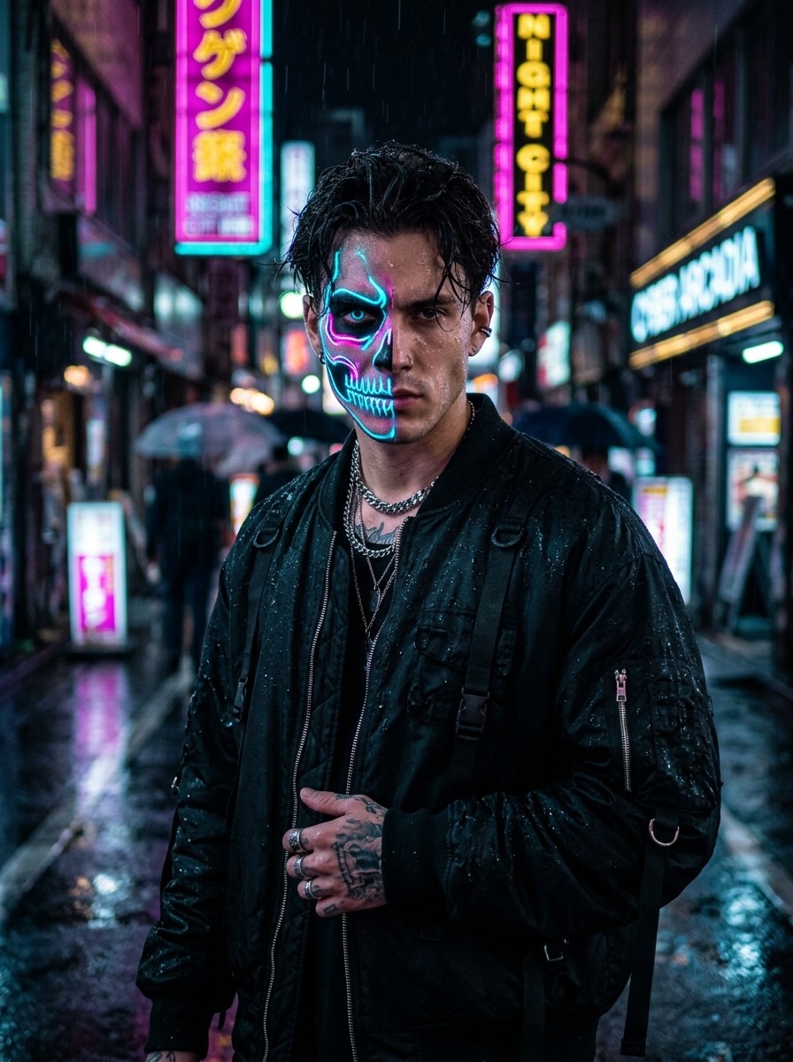 Gemini prompts for image editing - Cyberpunk neon skull face paint boy on rainy street