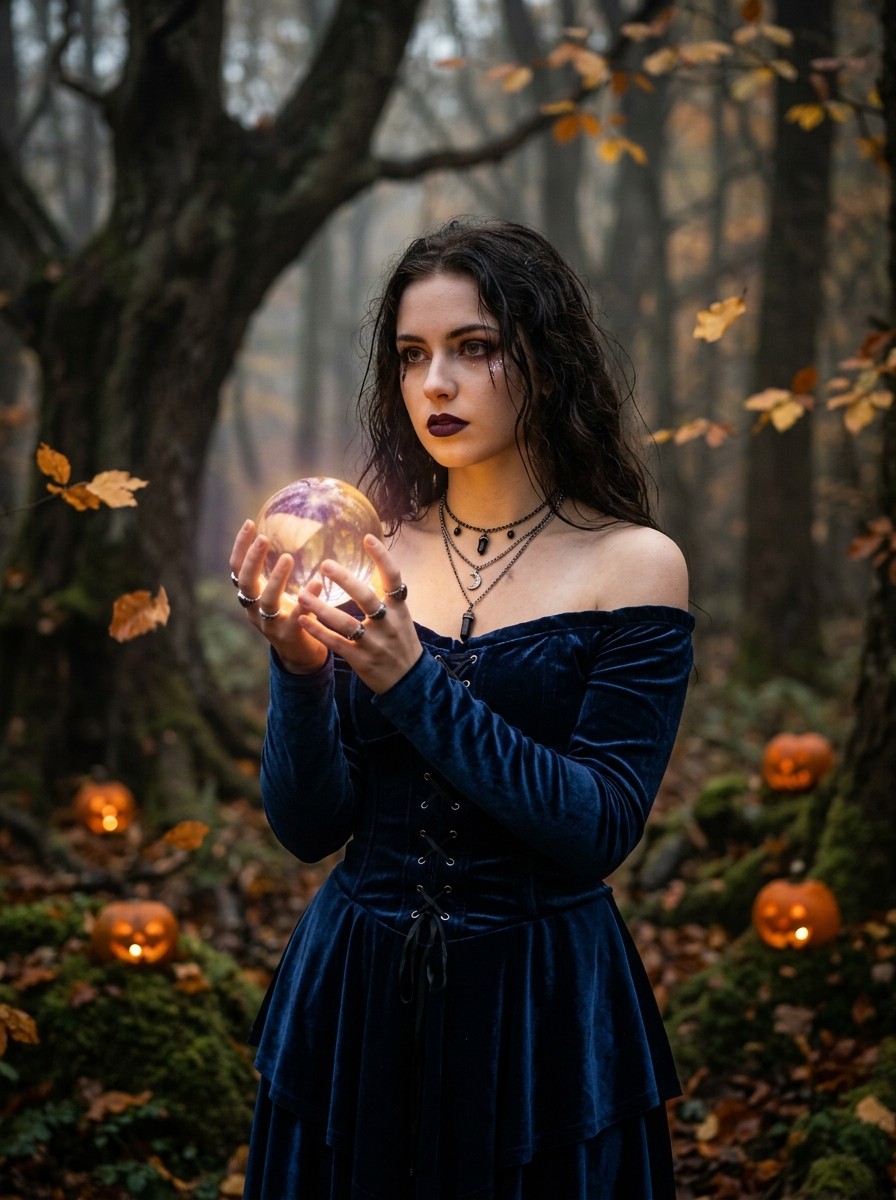 Prompt for gemini ai girl - Enchanting modern witch with glowing orb in autumn forest