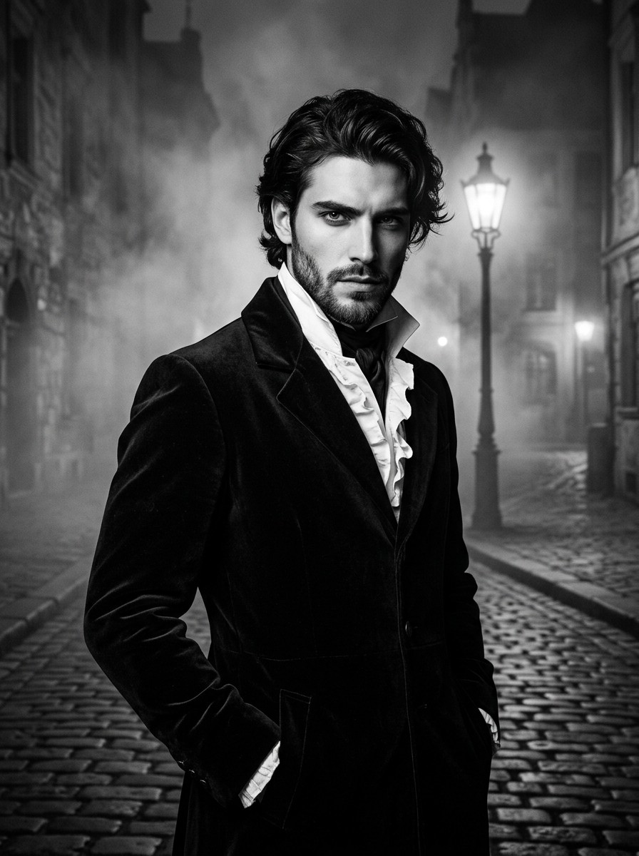 Gemini ai photo prompt trending boy 2026 - Gothic Victorian vampire portrait in black and white