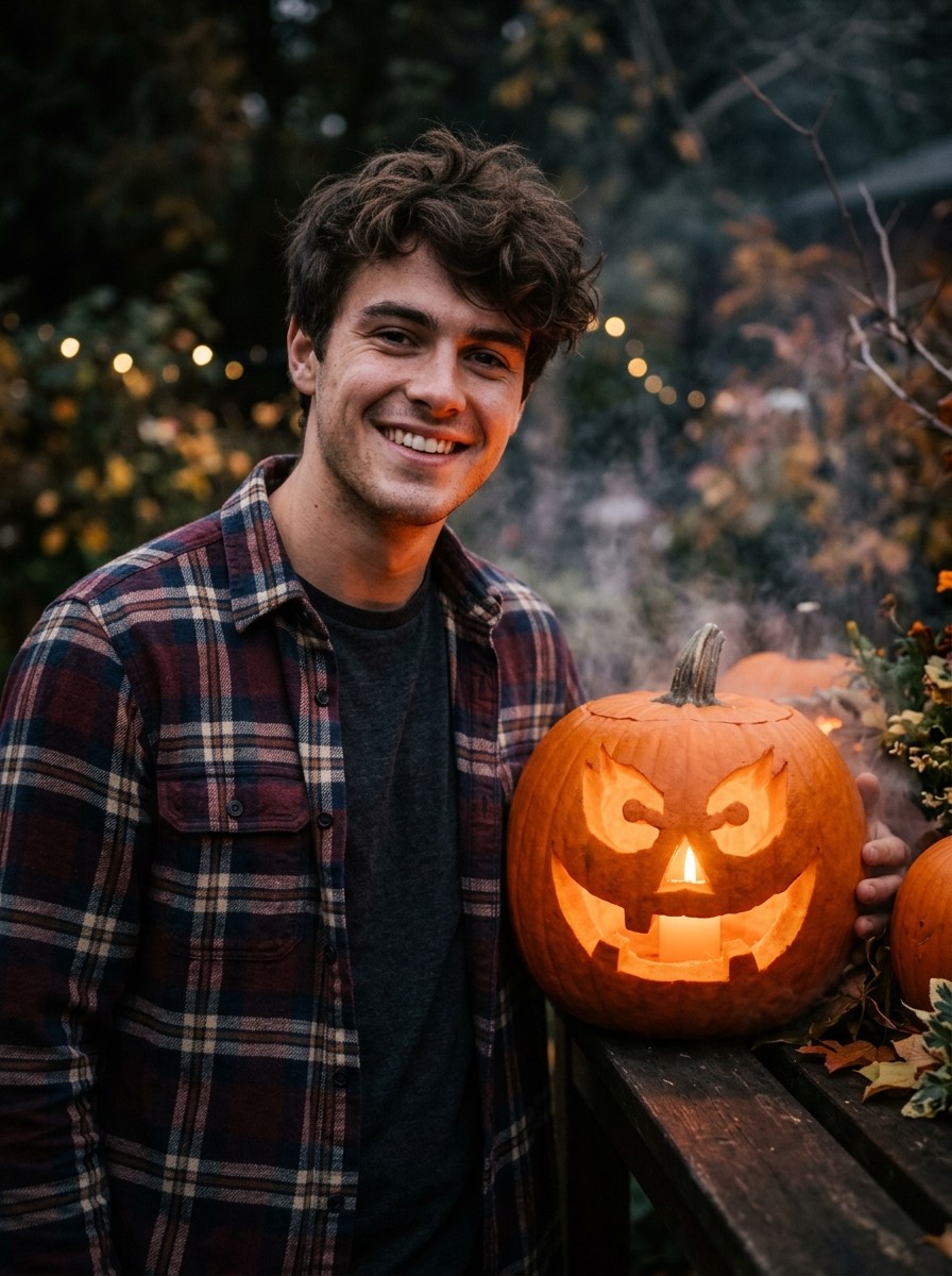 Gemini ai photo prompt copy paste trending halloween boy - Glowing pumpkin portrait