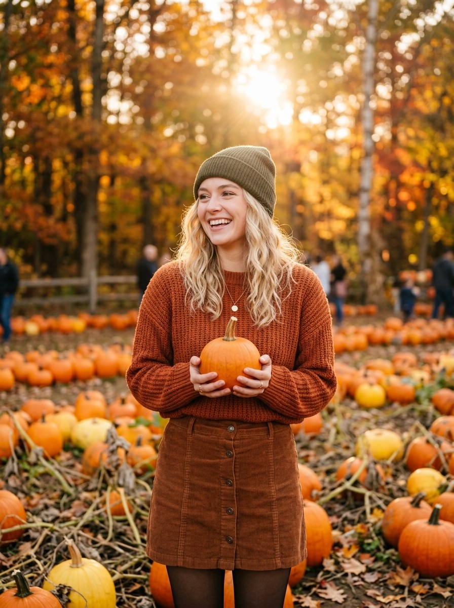 Prompt for gemini ai girl - Cozy autumn girl in pumpkin patch golden hour