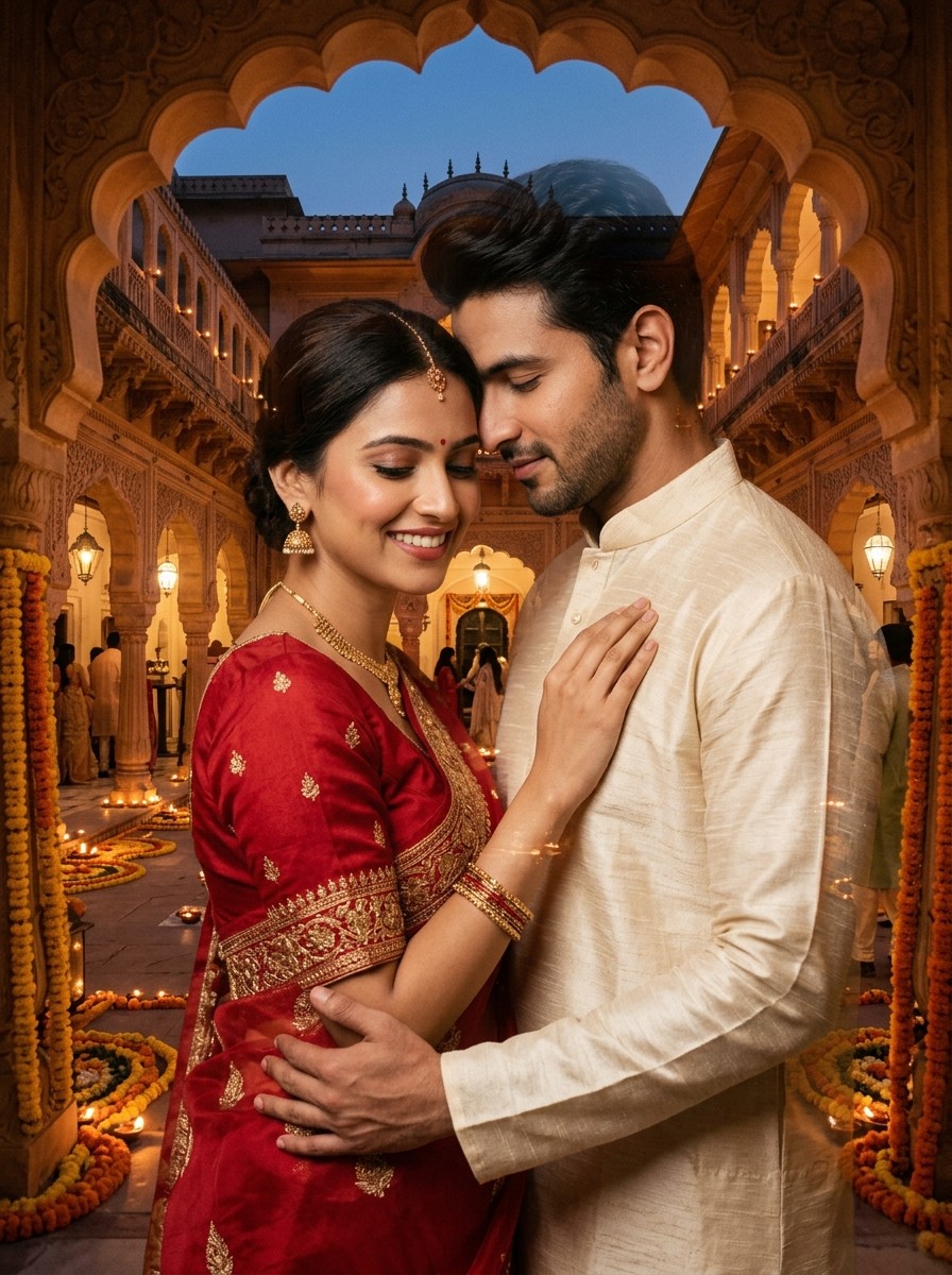 Gemini indian couple photo prompt - Elegant Indian couple in traditional attire with royal palace and brass diyas double exposure