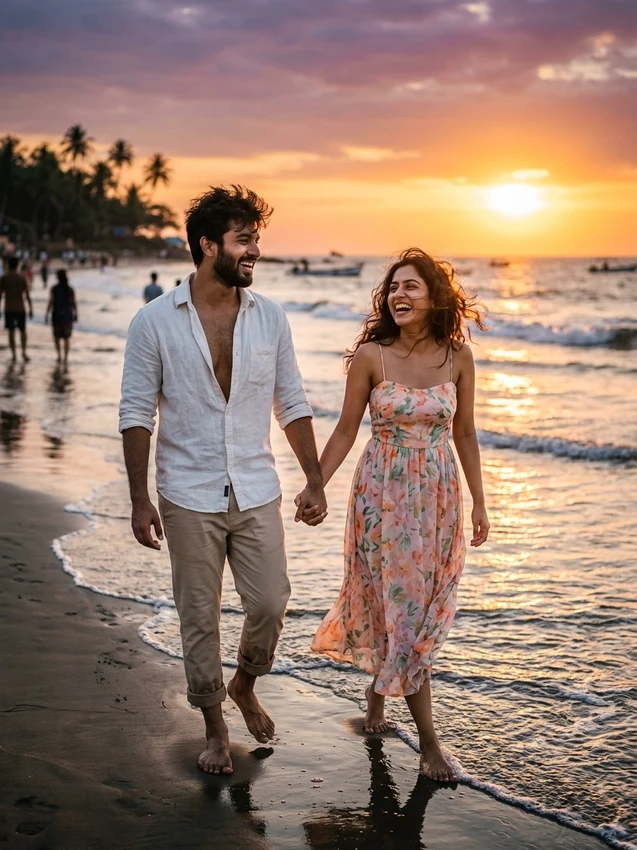 Gemini ai photo prompt copy paste trending boy and girl couple - romantic beach sunset walk