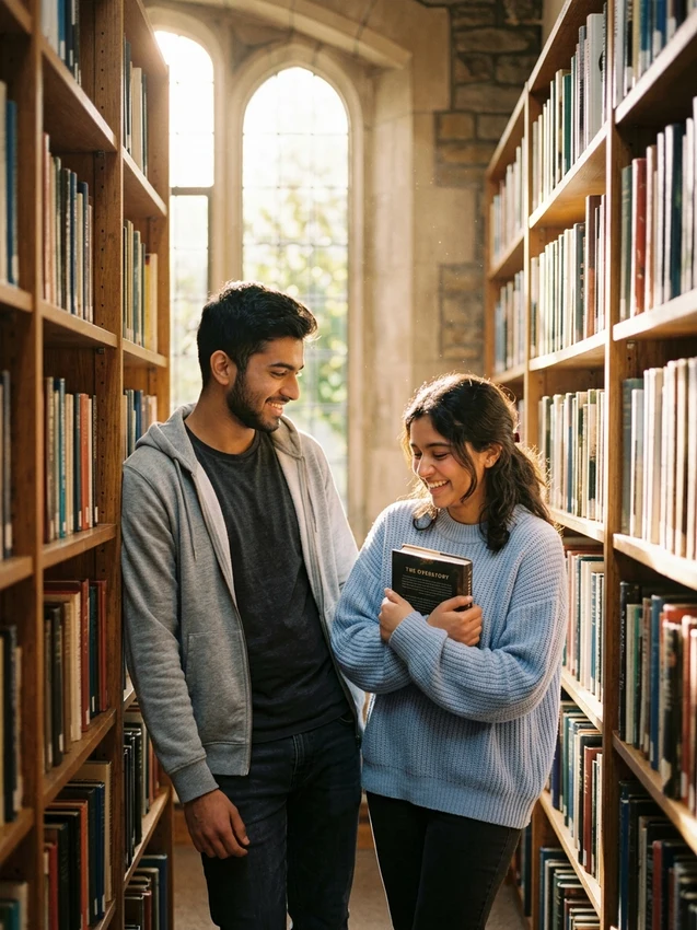 Gemini ai photo prompt copy paste trending boy and girl - college library candid romance