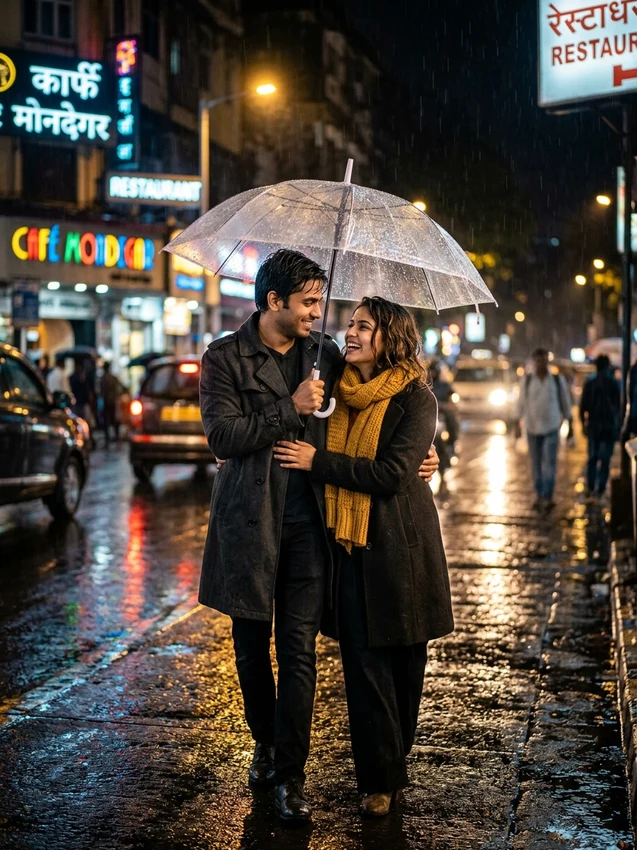 Trending boy and girl ai photo editing prompts - cozy rainy night walk under clear umbrella