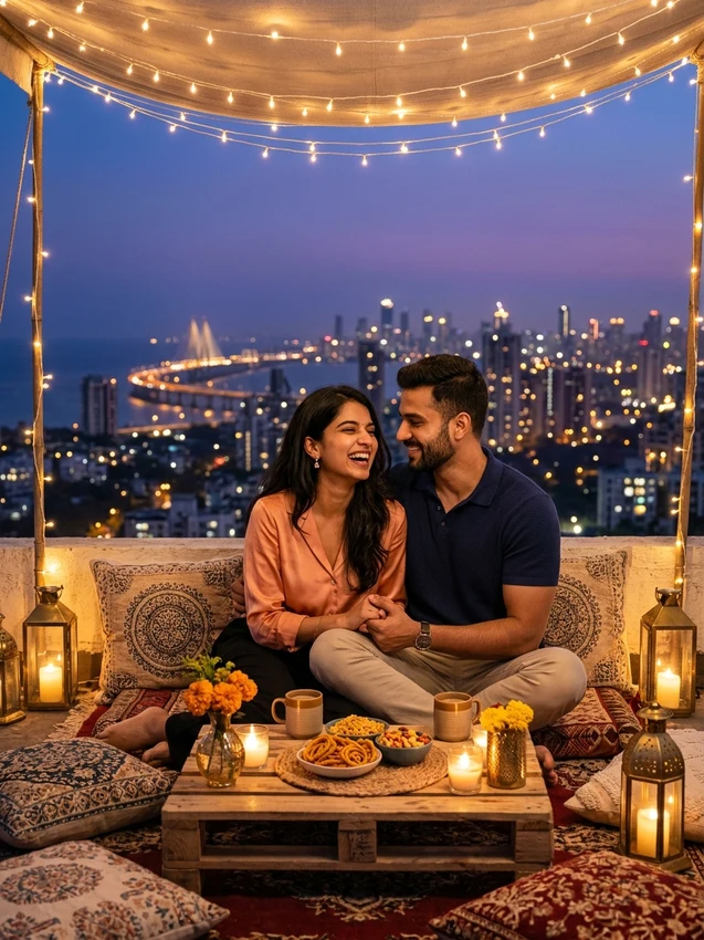 Gemini ai photo prompt copy paste trending boy and girl couple - mumbai rooftop skyline picnic
