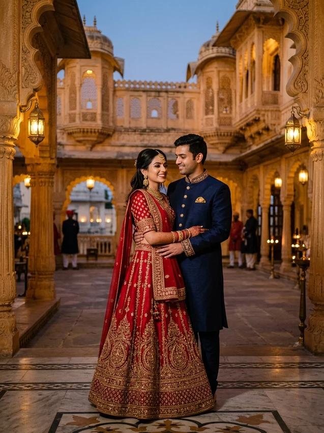 Gemini ai photo prompt copy paste trending boy and girl couple - royal rajasthani heritage palace portrait