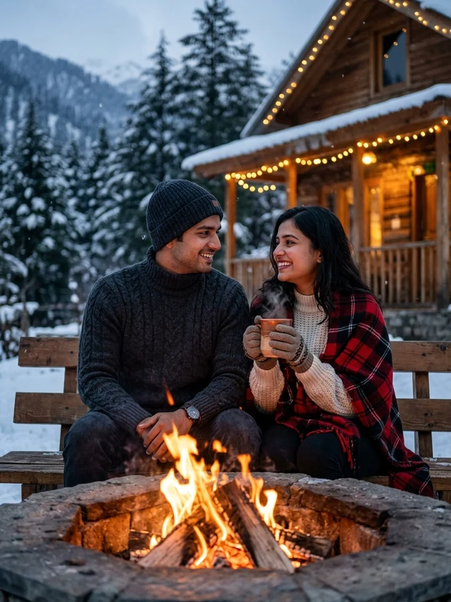 Romantic boy and girl photo prompt gemini - winter snow mountain wooden cabin bonfire