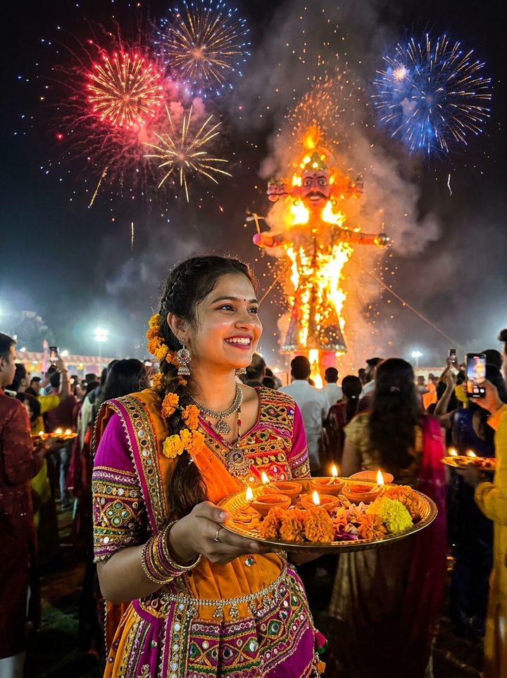 Festive Indian Girl Diya Thali at Ravan Dahan Dussehra AI Photo Editing Prompt for Girl