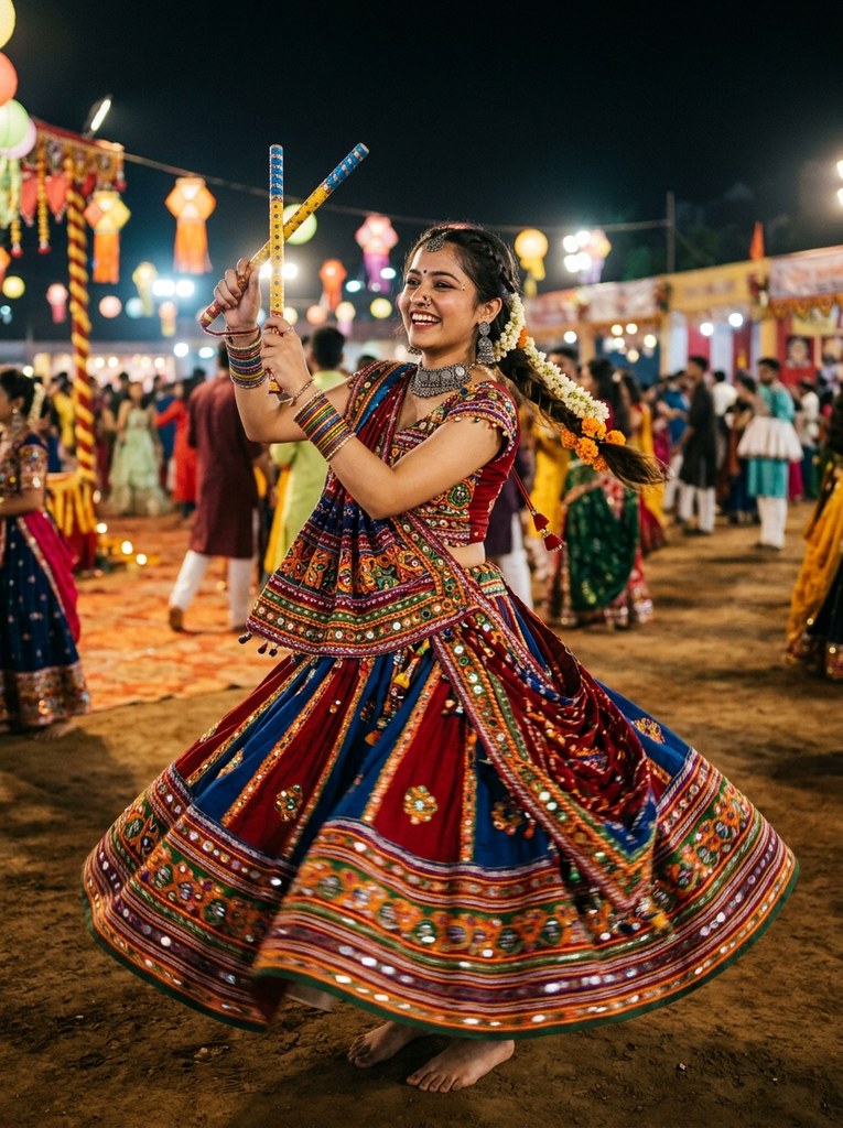 Navratri prompt for Gemini girl traditional Gujarati Garba spin with mirror work chaniya choli