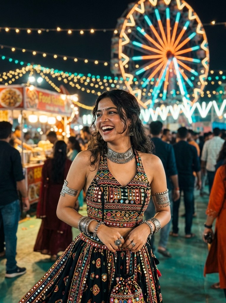 Navratri prompt for Gemini girl Instagram aesthetic with ferris wheel carnival lights